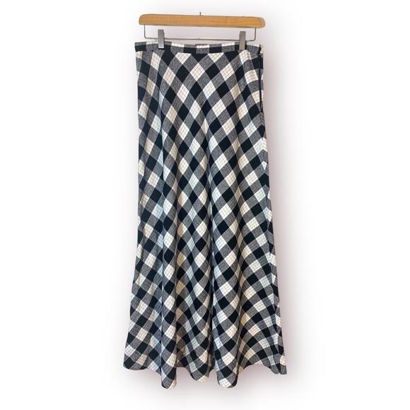 Vintage 70s Black White Check Plaid Maxi Skirt Handmade Tartan Medium Large - Picture 1 of 10